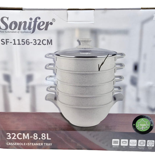 Non Stick Steam Cooker+Casserole 32cm ,8.8L-White